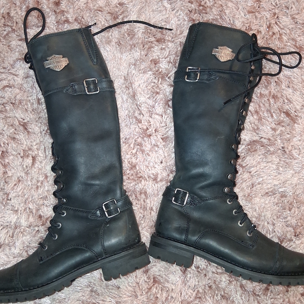 Harley-Davidson Women’s Knee High Leather Biker Boots Lace Up Zip Size 8 - Picture 2 of 9